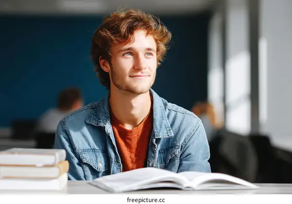 A Young Man Sitting at a Table with Open Book and Stacked Books