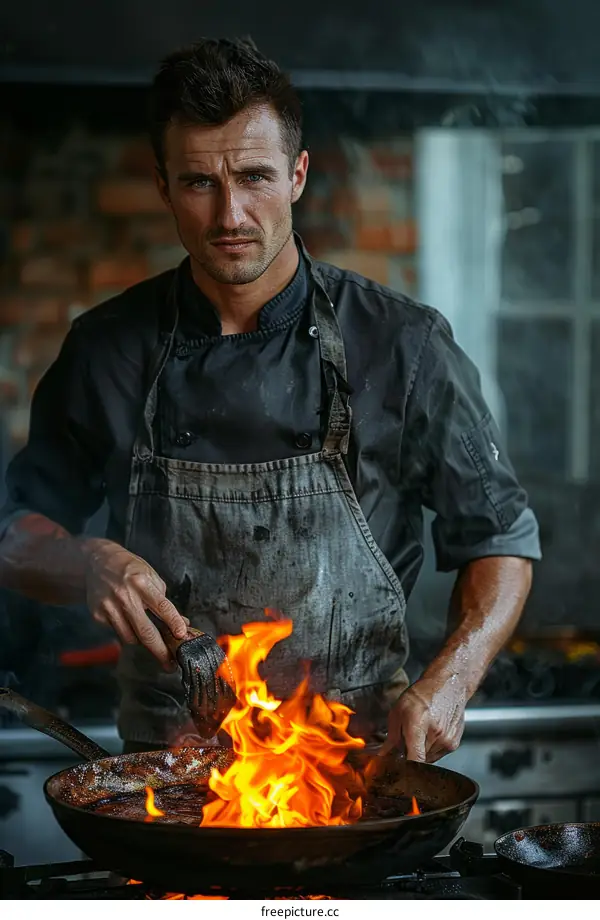 Handsome male chef in black uniform cooking with fire in kitchen