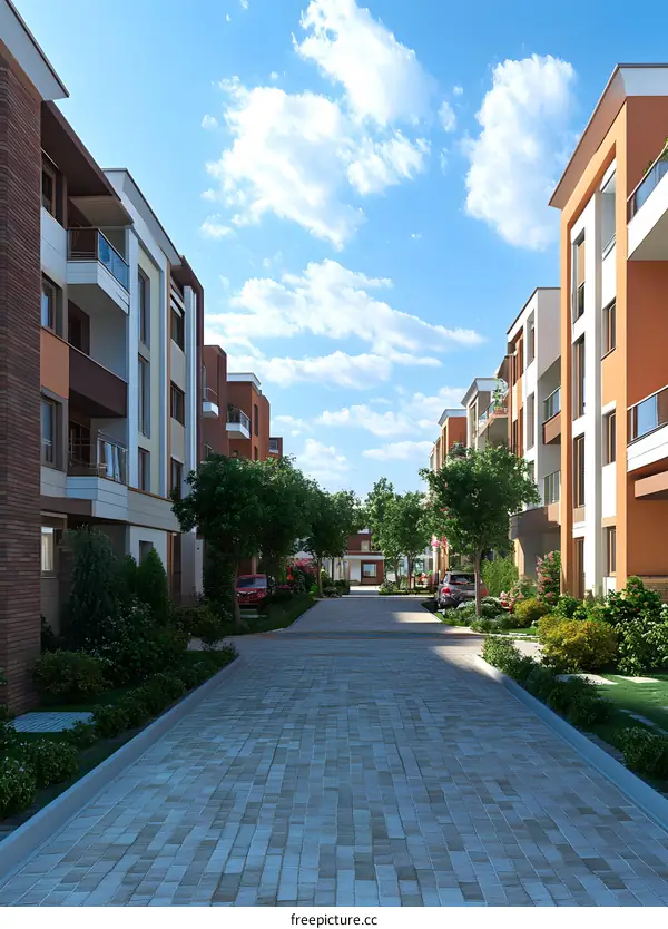 Modern Apartment Complex with Paved Pathway