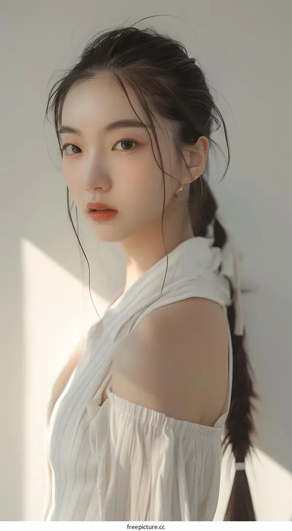 Beautiful Asian Woman With Long Brown Hair Wearing a White Off the Shoulder Top