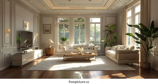 Modern Living Room with White Sofa and Lush Greenery
