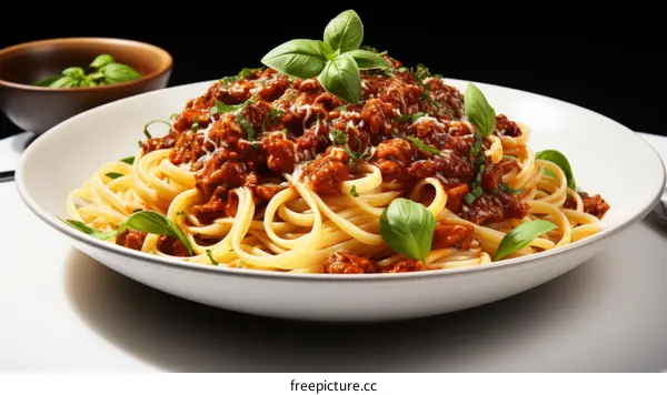 A plate of spaghetti with tomato sauce and basil