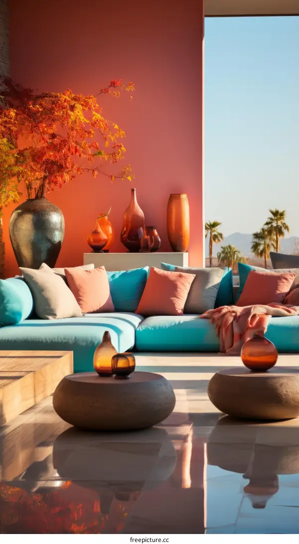 A beautiful living room with a large sectional sofa, colorful throw pillows, and a large vase of flowers.