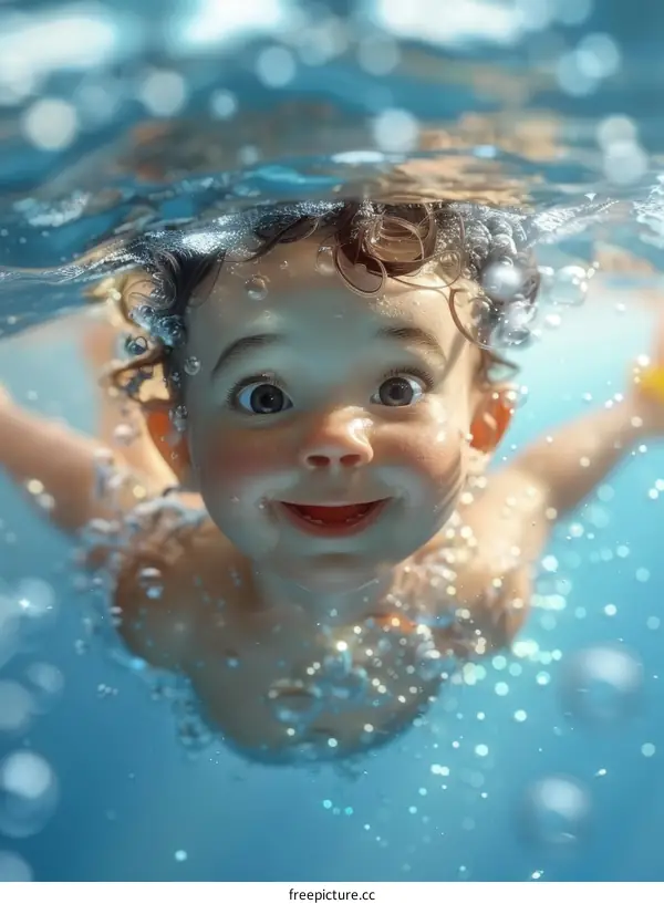 Toddler having fun swimming underwater in a pool