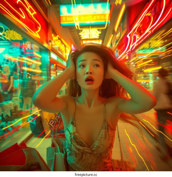 Asian woman in a shopping mall with neon lights