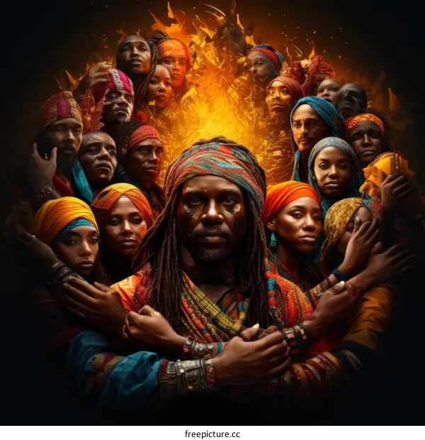 Portrait of a group of African people with dreadlocks and colorful clothing