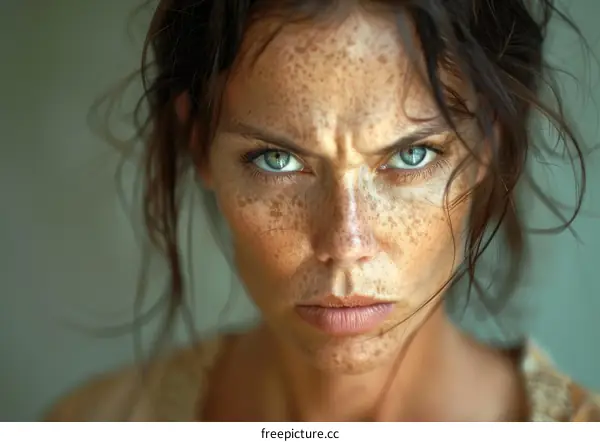 Close-up Portrait of a Woman with Freckles and Intense Expression