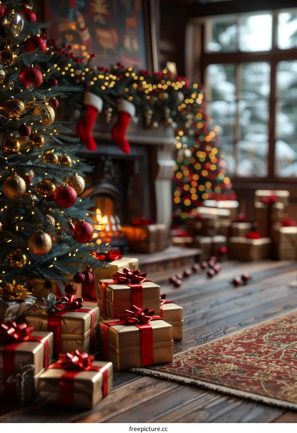 Cozy Christmas Tree by Fireplace with Presents