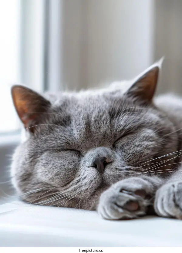 A gray cat is sleeping soundly on a white blanket