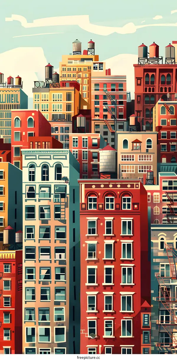 Colorful Cityscape with Tall Buildings and Water Towers