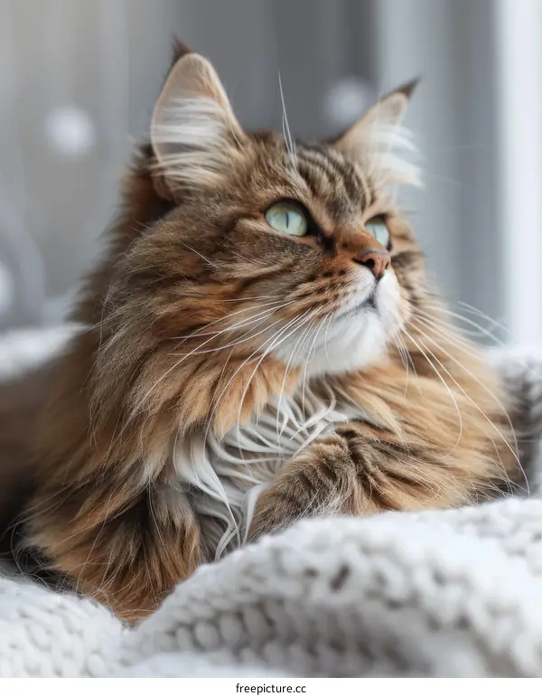 A ginger cat is sitting on a white blanket and looking away