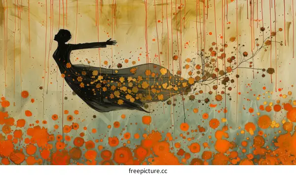 A woman in a black dress is running through a field of orange flowers