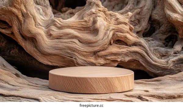 Wooden Platform Display Against Driftwood Background