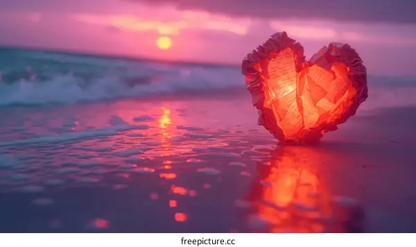 An orange paper heart sits on the beach at sunset