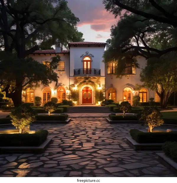 A beautiful Spanish style mansion with a red door and a grand staircase leading up to it