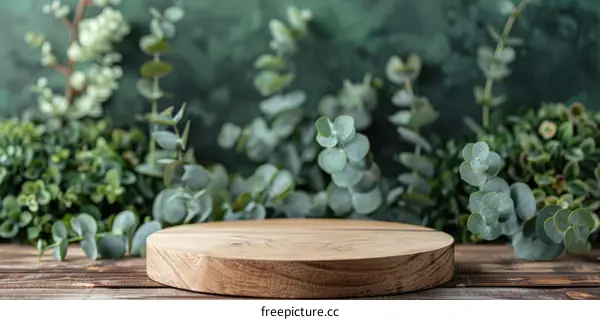 Round wooden podium on a wooden table against a background of eucalyptus branches