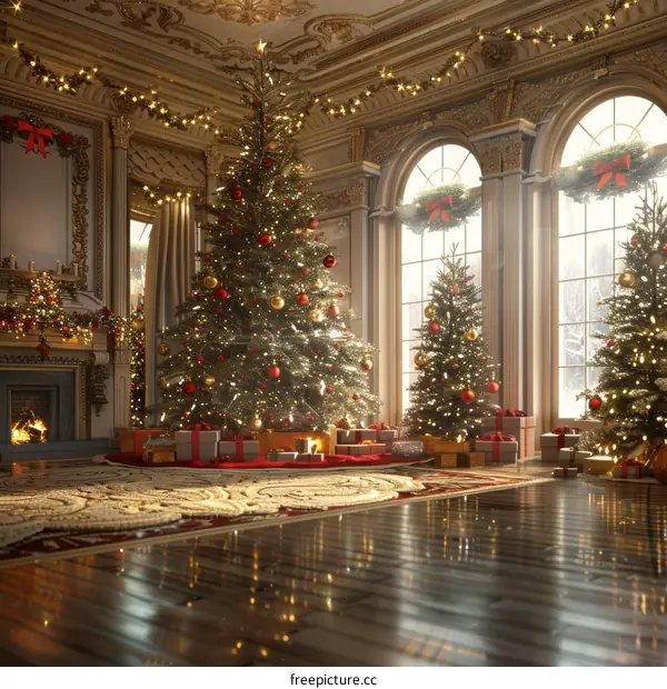 Christmas Tree by Fireplace with Festive Decor