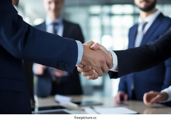 Businessmen in suits shaking hands in agreement with colleagues in the background