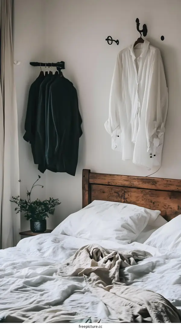 White Linen Bedding with Clothes Hung on a Wall
