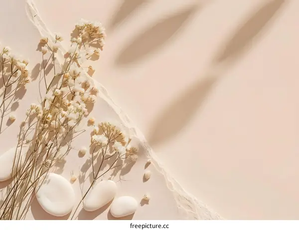 White Flowers and Stones on Beige Background with Shadow