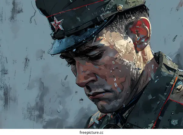 Portrait of a Sad Soldier in the Rain