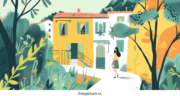 Woman Walking Through a Colorful Village