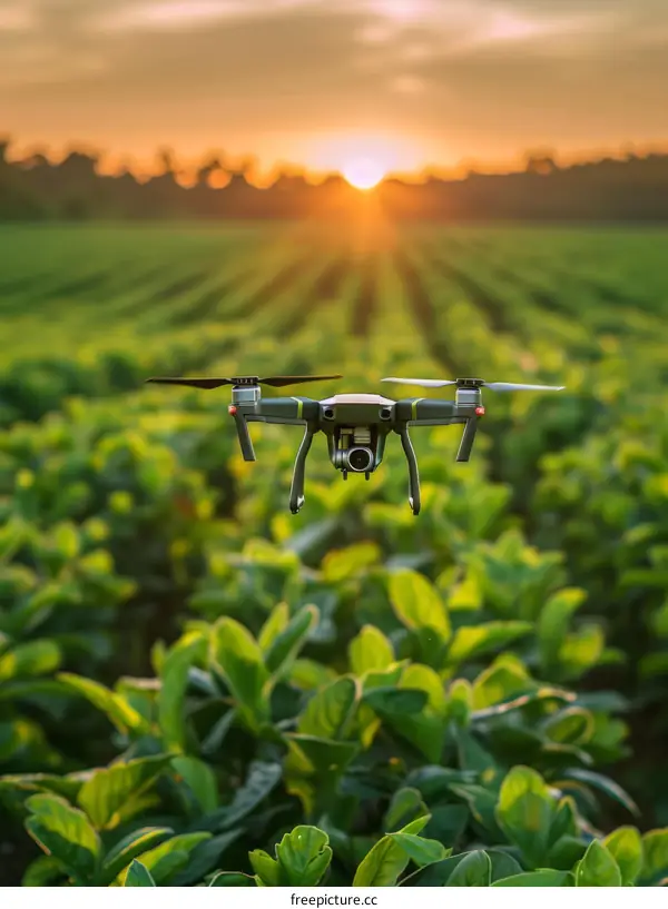 Drone Flying over Soybean Field at Sunset, Aerial Monitoring and Crop Management