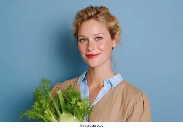 Woman Holding Fennel in Front of a Light Blue Background