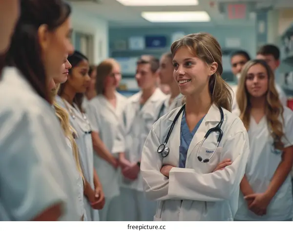 Confident female doctor with colleagues in hospital