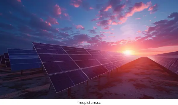 Large solar farm at sunset with vibrant pink clouds