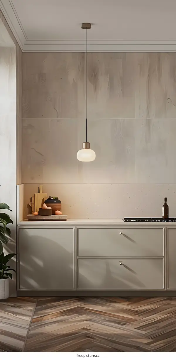 Modern Kitchen Interior Design with Herringbone Floor and Pendant Light