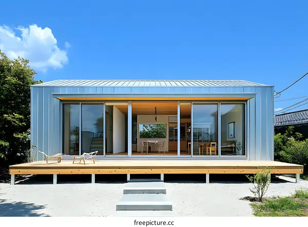 Modern Japanese House with Wooden Deck and Sliding Glass Doors