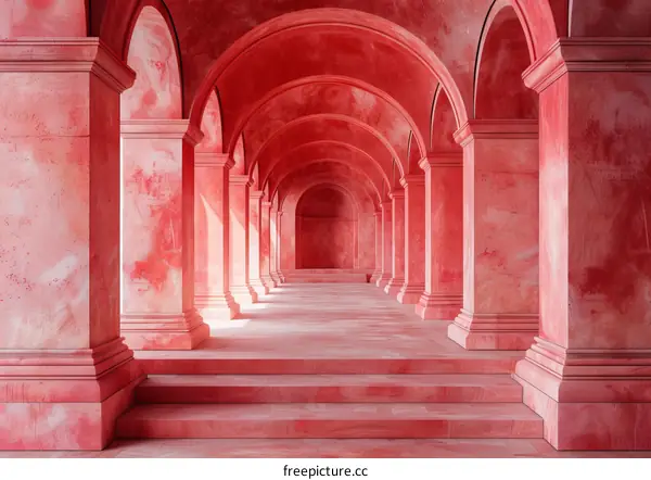 Red Architectural Hallway with Columns and Arches