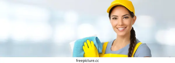 Professional Cleaning Woman Smiling with Cleaning Cloth