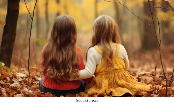 Two little girls sitting in the fallen leaves in the woods