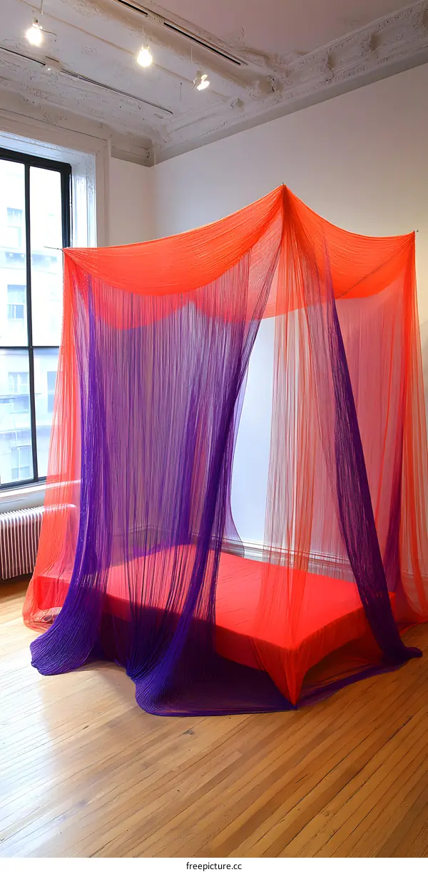 Purple and Orange Net Draped Over Bed in Room
