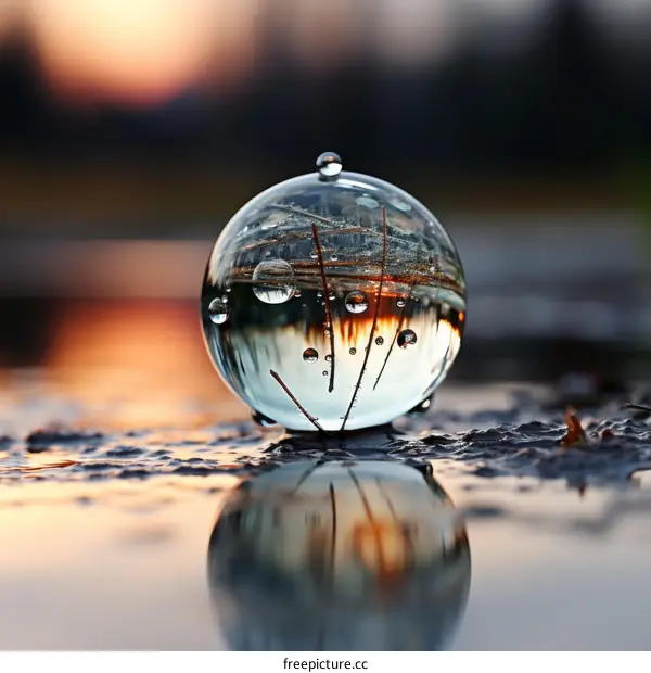 Close-up of a water droplet on a leaf with a reflection of the sky and trees