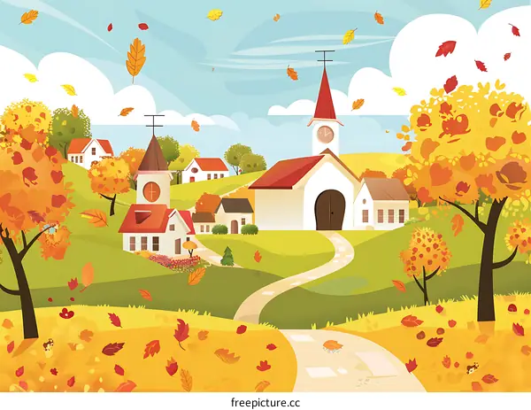 Autumn Village Landscape with Church and Falling Leaves