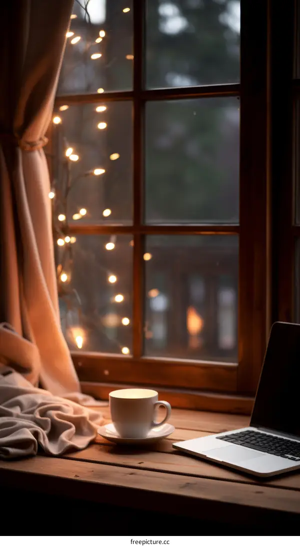 cozy home with warm lights and a laptop on the windowsill