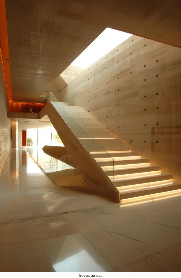 Modern Minimalist Marble Staircase Glass Railing Skylight