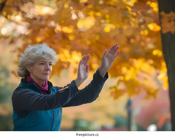 Woman Practicing Tai Chi in Autumn Park