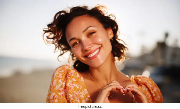 Smiling Woman Making Heart Shape with Hands Outdoor