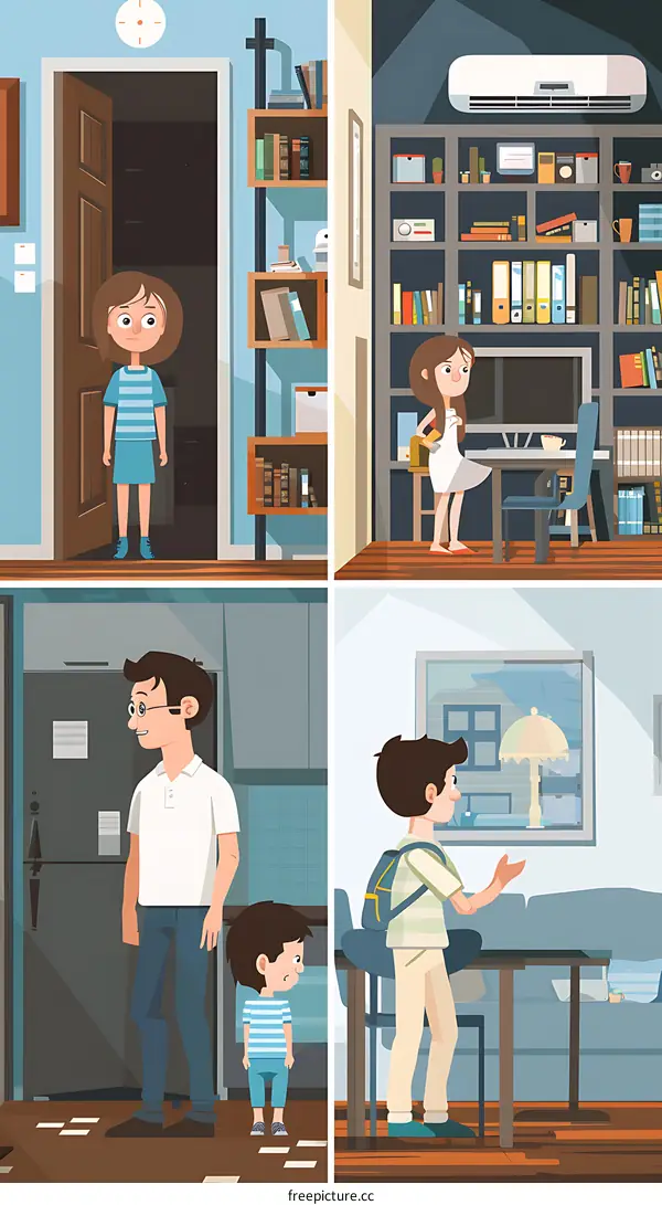 Family Life at Home Cartoon Illustration