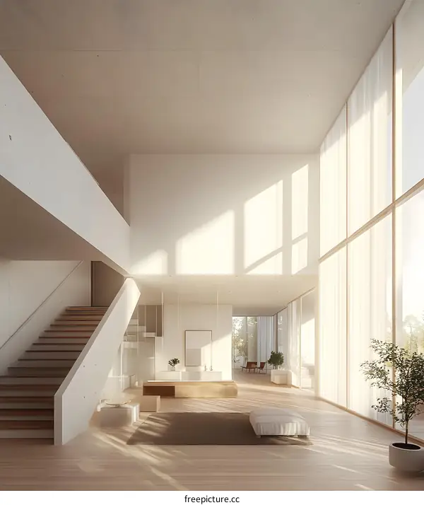 Modern Minimalist Interior Design With Wooden Stairs And Large Windows