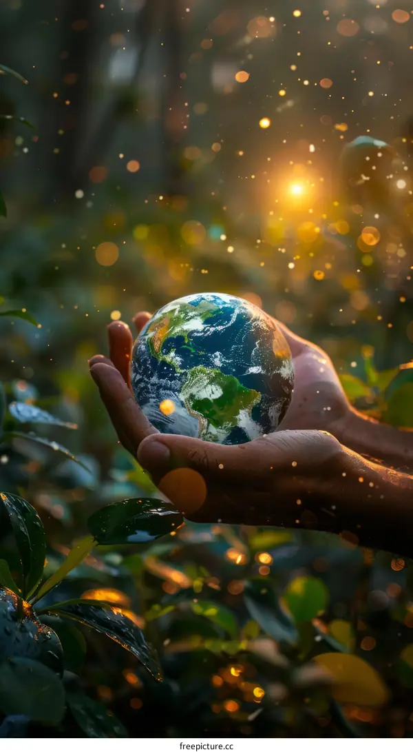 Protecting Earth: A Hand Holding the Planet in a Forest