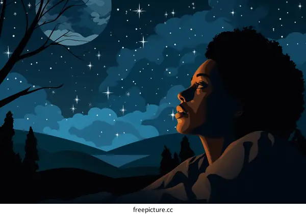 A young African-American woman looks up at the night sky.