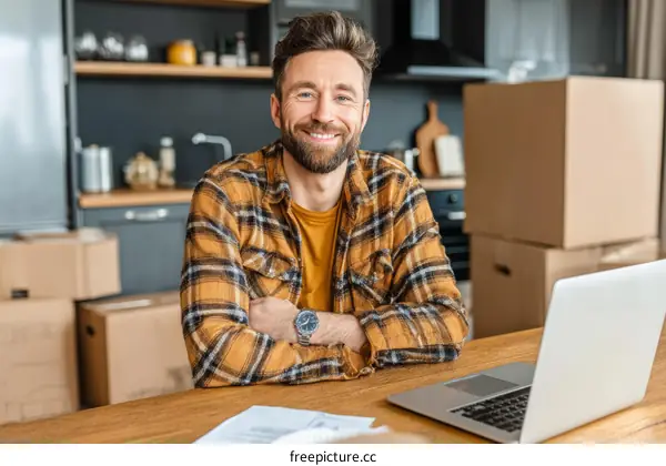Smiling Man Working From Home During Relocation