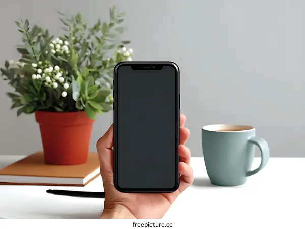Smartphone held in hand, modern workspace.