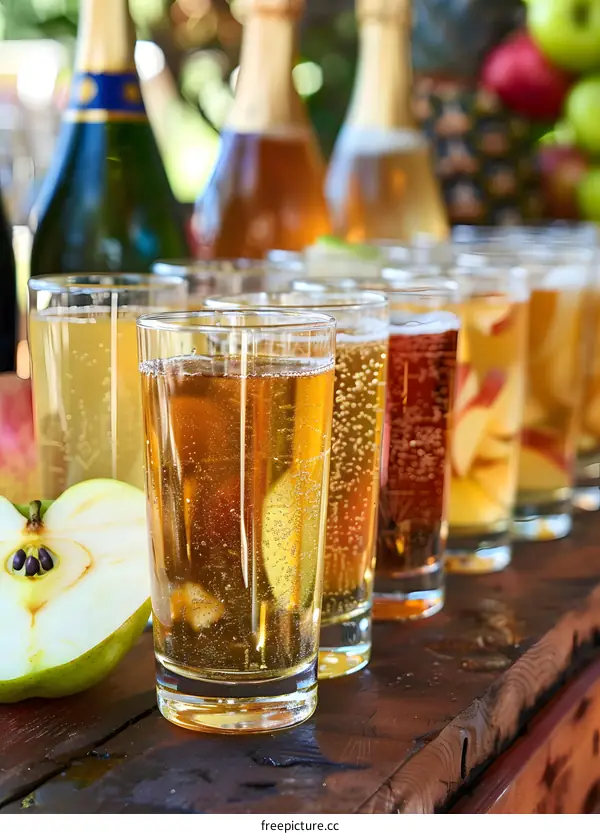 Sparkling Apple Cider in Glasses on Wooden Table