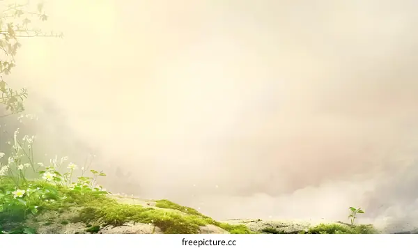 Misty Morning Landscape with White Flowers and Green Moss